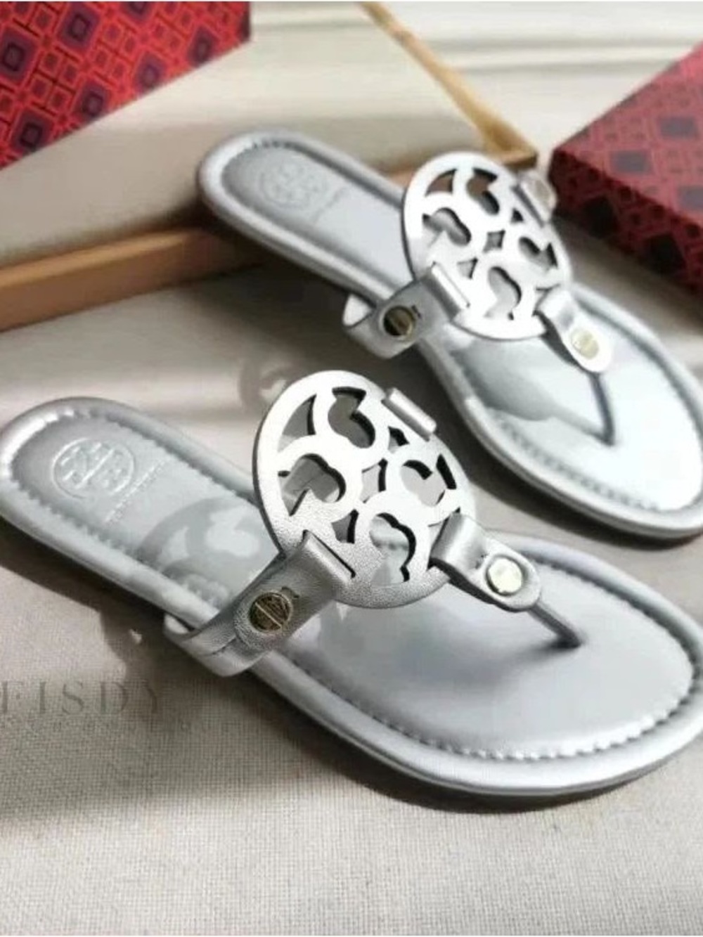 Tory Burch Silver Logo Thong Sandals